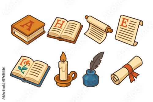 Antique book and scroll icons with ink and quill in isometric style