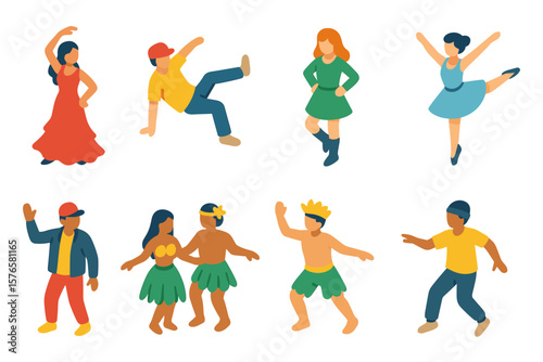 Diverse dance poses in flat style: ballerinas, breakdancers, and traditional hula dancers