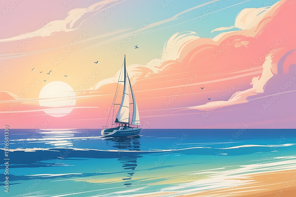 Naklejka premium Serene Sunset Sailboat A Peaceful Ocean Escape at Golden Hour