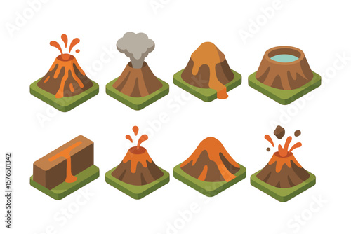 Isometric volcanic eruption icons set for educational and geographical design