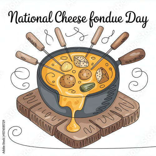 Continuous one-line drawing, food dipped in cheese, pan, Swiss specialties, winter, warm atmosphere, National Cheese Fondue Day, single-line vector, minimal, cozy, traditional, melting, delicious, abs