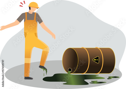 factory workers accidentally stepped on spilled chemicals vector illustration, industrial failures and accidents concept