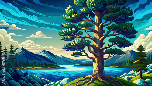 Beautiful landscape vector of pine forest and lake reservoir, calm water, green trees, outdoor nature view, peaceful environment, travel scene, wilderness, scenic reflection, tranquility