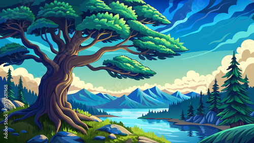 Beautiful landscape vector of pine forest and lake reservoir, calm water, green trees, outdoor nature view, peaceful environment, travel scene, wilderness, scenic reflection, tranquility