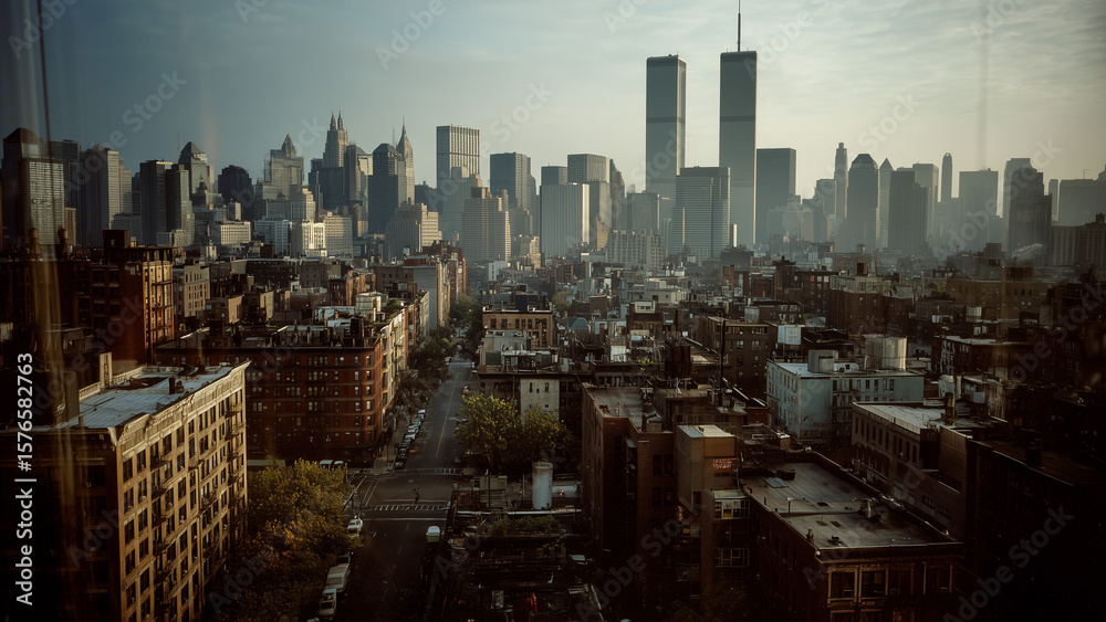 Fototapeta premium 1984 New York Skyline with Twin Towers in Film Style