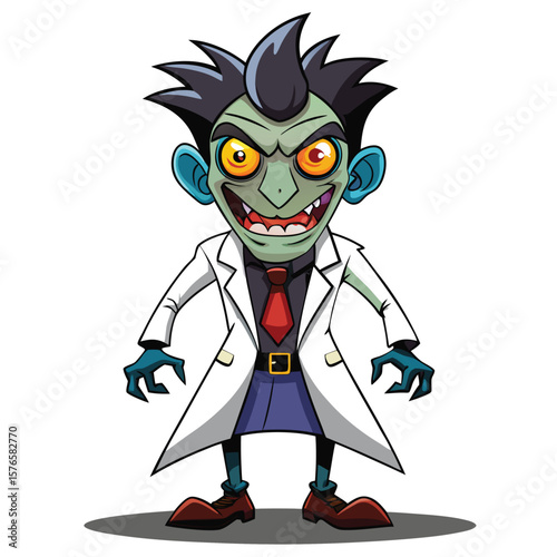 Cartoon evil scientist with spiky hair, large yellow eyes, and a wide grin