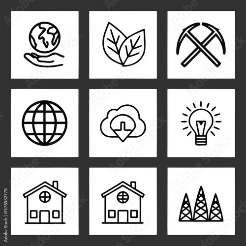 Earth leaves pickaxe globe download lightbulb houses towers hand nature