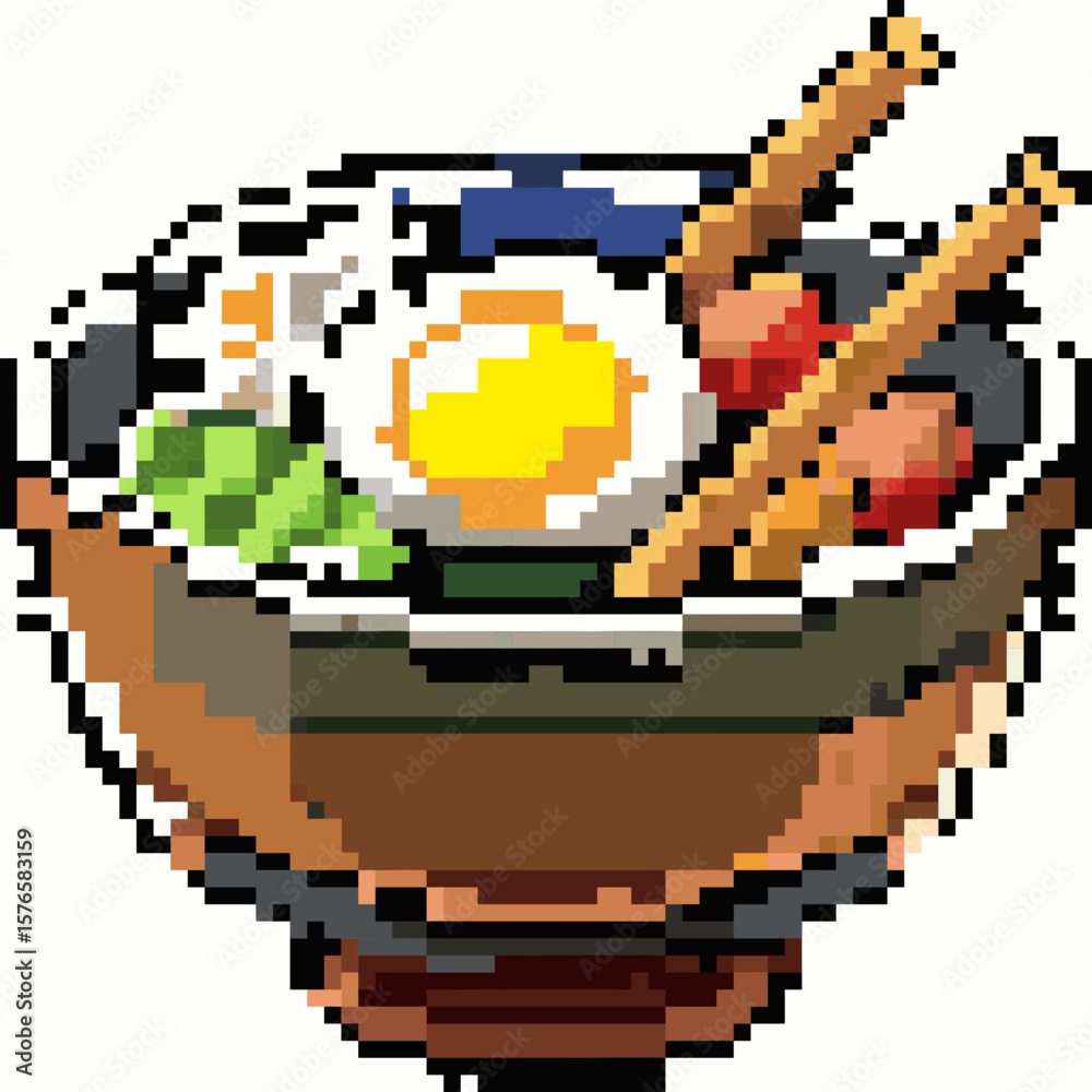 Obraz premium Pixel art icon of an isolated ramen bowl with noodles and egg