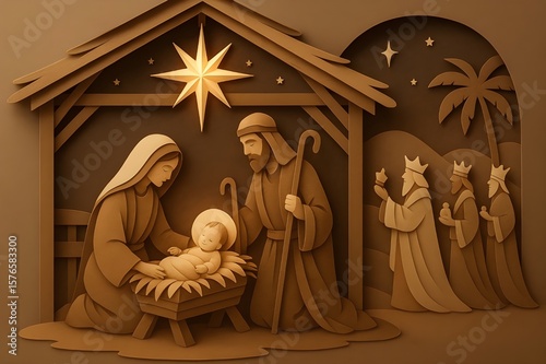 Traditional 3D paper cut nativity scene with Mary, Joseph, baby Jesus, manger, star and Three Wise Men – Layered Christmas art