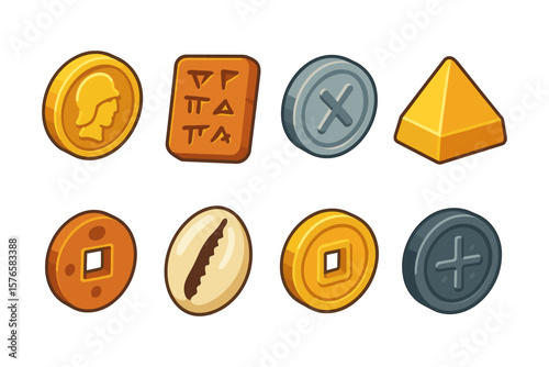 Colorful cartoon ancient coins and tokens set