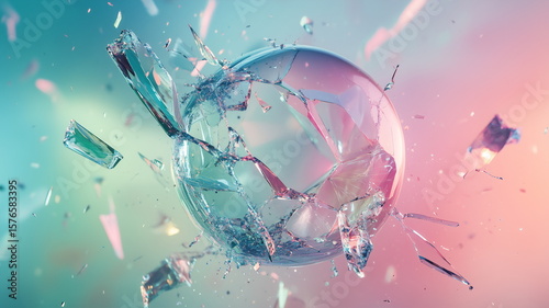 An abstract shot of a transparent glass sphere in mid-explosion with soft pastel lighting and flying shards