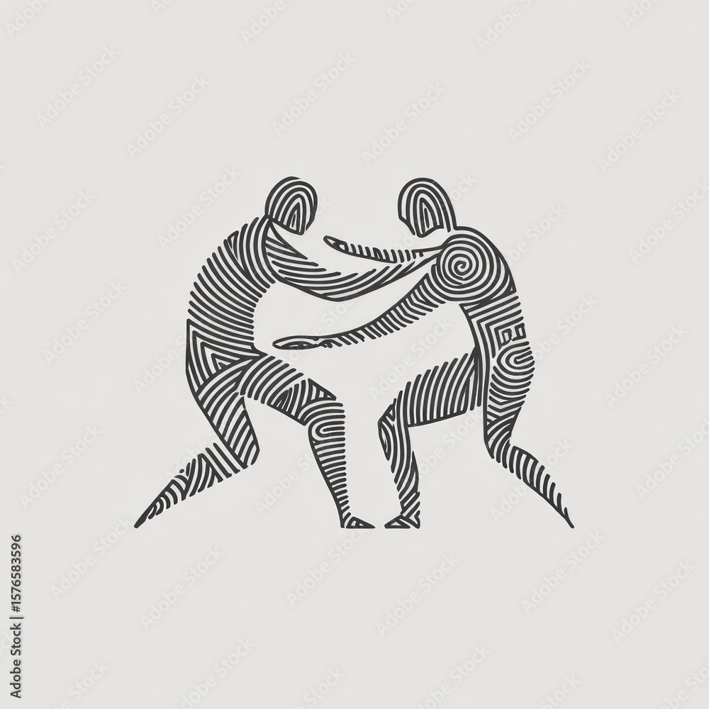 Fototapeta premium Two figures grapple in a dynamic line art wrestling match