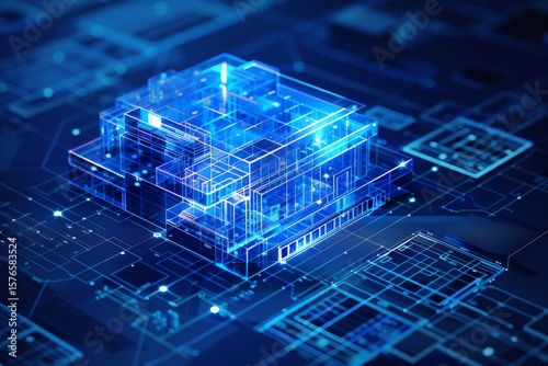 3D illustration of a futuristic building design with glowing blue lines and intricate architectural details, set against a dark digital background showcasing technology and innovation