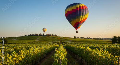 A Vibrant Hot Air Balloon Soaring Over a Lush Vineyard at Sunrise.







