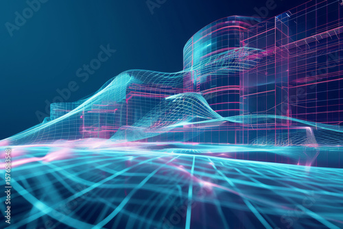 Futuristic digital landscape illustration with vibrant neon colors, showcasing abstract waves and grid patterns, representing advanced technology and innovation in a virtual environment