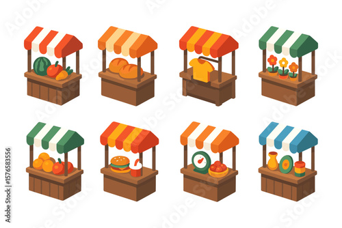 Colorful isometric market stalls with food and goods displayed