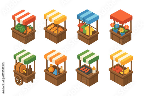Isometric market stalls with fresh produce, clothing, and flowers