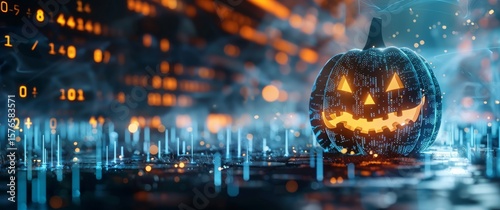 Glowing pumpkin jack-o'-lantern with digital patterns and neon blue data streams. Futuristic cyberpunk Halloween atmosphere with orange code and holographic effects