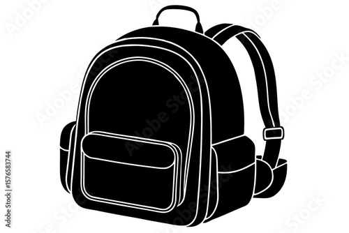 Black headphones and a travel backpack, isolated on white, are ready for a journey