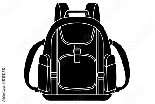 Red backpack and black travel bags isolated on white for journey and tourism