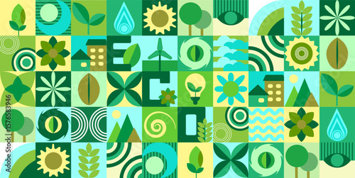 Ensemble of Geometric Forms of natural , concept of ecology, environmental protection, green waste and zero. Banner, poster, abstract background, pattern in modern geometric, Swiss style,Vector