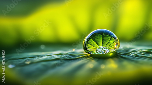 Water droplet on green leaf magnified in macro detail, capturing internal reflections
