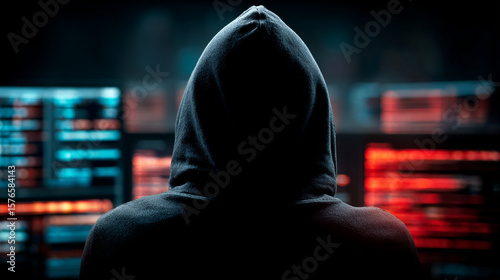 An anonymous hacker sits before multiple glowing screens, deeply immersed in the digital world.