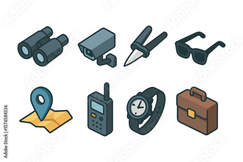 Isometric icons set: surveillance, travel, technology, and fashion essentials