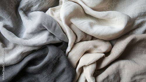 Overlapping linen fabrics in minimalist neutral design for interior styling