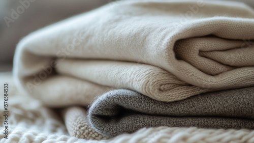 A minimalistic arrangement of folded wool and linen blankets in neutral tones, captured in soft natural light