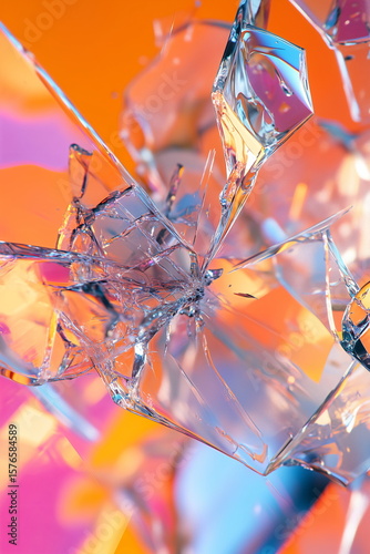 An abstract close-up shot of a delicate glass orb shattering against a vibrant orange-pink background