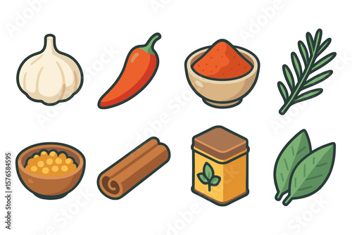 Colorful food ingredient icons featuring herbs and spices for culinary design