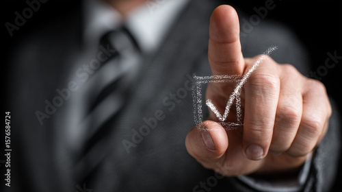 A businessman's finger touches a glowing digital checkmark, symbolizing a completed task or successful decision.