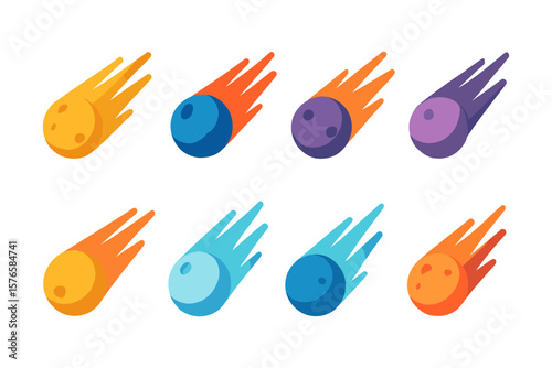 Colorful comets in flat style with variations of vibrant cosmic elements