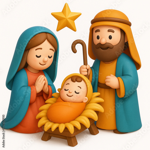 Joyful Christmas nativity vector with baby Jesus, Mary and Joseph in vibrant 3D style
