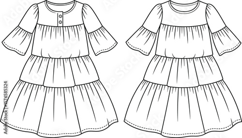 Women's Girls' Tiered Dress CAD Drawing Flat Vector Fashion Template with Square Neckline.
