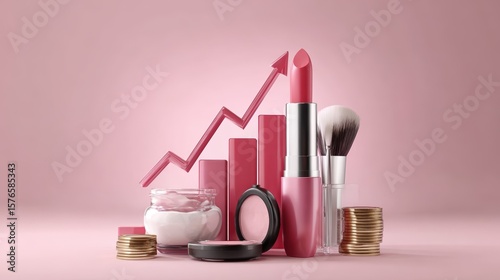 Makeup products arranged with upward trending chart and coin stacks on pink background showing growth and potential
