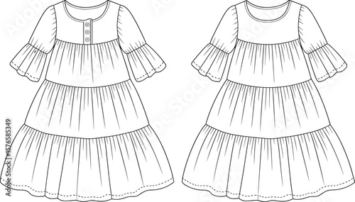 Women's V-Neck Wrap Dress CAD Drawing Flat Vector Fashion Template with Wide Sleeves.