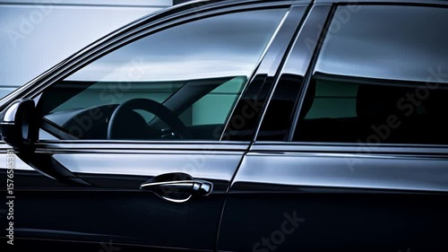 Close-up of a black car door with tinted windows