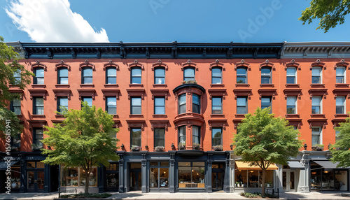NYC brownstone row house with bay window, balcony, brick facade. Two-story building features white ground floor balcony, second floor balcony with green tree in front. Clear blue sky with few