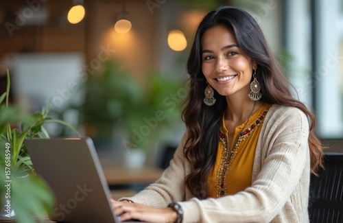 Young amerindian female entrepreneur works on laptop in modern office. Woman in casual attire wears beige sweater, yellow shirt, smiles while typing. Laptop open on desk near window, plant on sill.