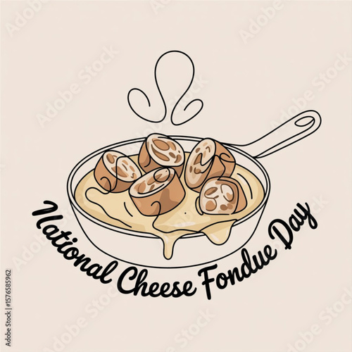 Continuous one-line drawing, food dipped in cheese, pan, Swiss specialties, winter, warm atmosphere, National Cheese Fondue Day, single-line vector