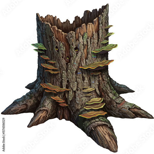 Enchanted Tree Stump: Glowing Eyes Fungi and Textured Bark Illustration.