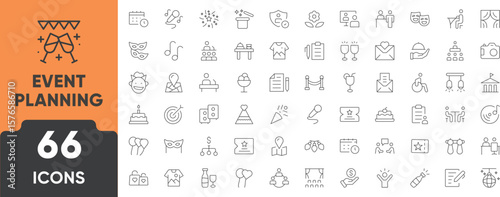Event Planning Line Icon Set. Set of 66 outline icons including calendar, checklist, invitation, venue, decoration, catering, and schedule. Editable stroke. Linear vector illustration.