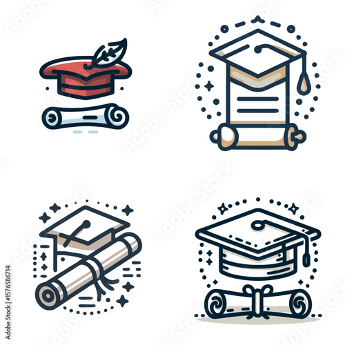 Educational graduation icons with diploma and cap in flat design  