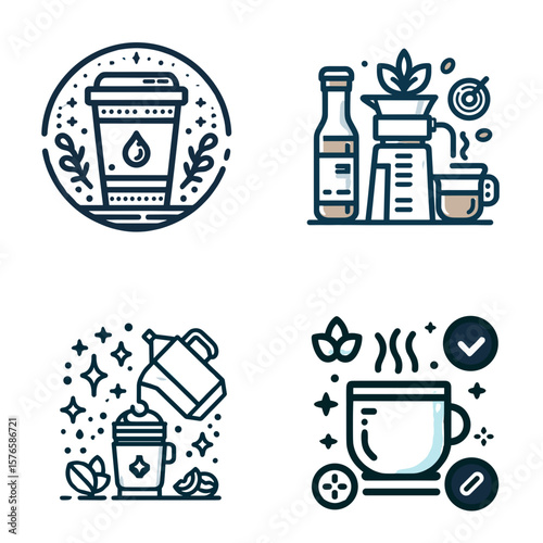 Coffee illustrations with brewing equipment and beverage elements  