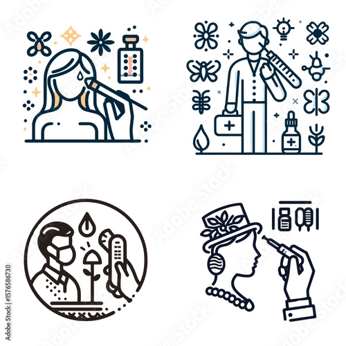 Line art illustrations of health and wellness concepts in nature  