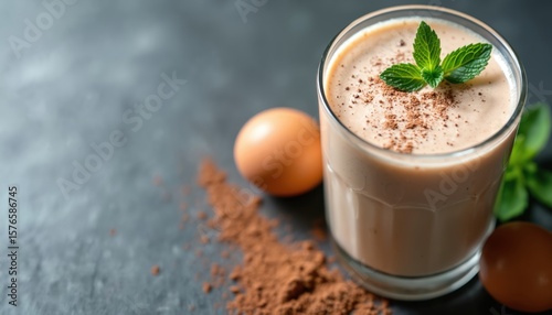 Creamy protein shake with mint garnish, cocoa powder, egg. Perfect for post-workout recovery, healthy breakfast, nutritious snack. Boosts energy, aids in muscle gain for athletes, fitness enthusiasts.