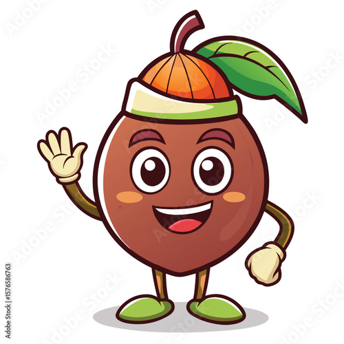 Cartoon fruit character, a brown fruit with an orange top, wearing a green headband, waving hello.  It has large eyes, a cheerful expression, and is stylized in a friendly, cartoonish manner