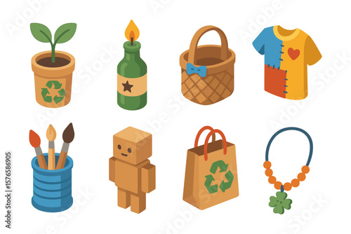 Eco-friendly lifestyle icons: sustainable craft and recycling in isometric design